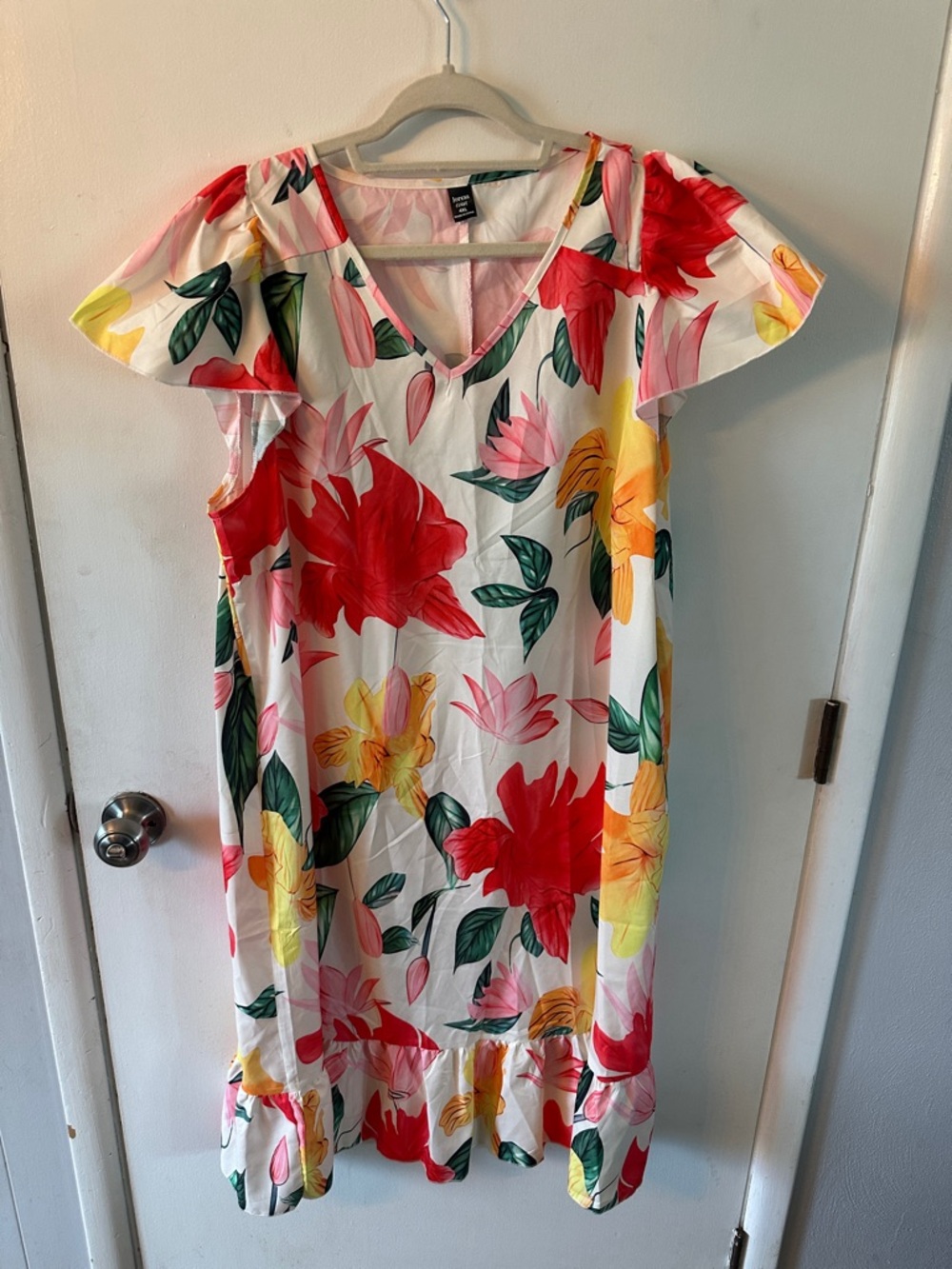 Women's Floral V-Neck Midi Dress - White with Red & Yellow Blooms